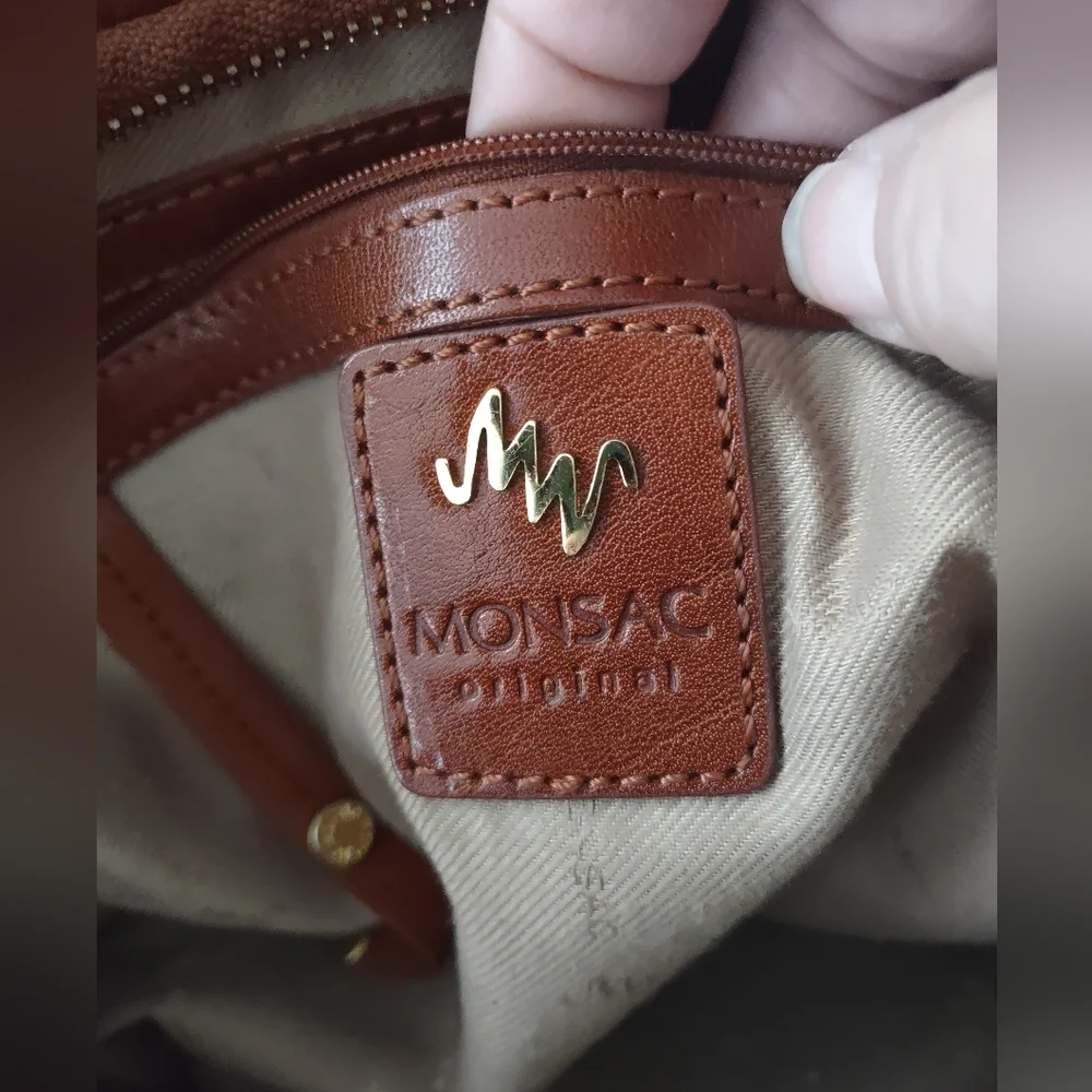 Vintage Monsac Original Brown Leather Logo Embossed Dual Shoulder Strap  Clean